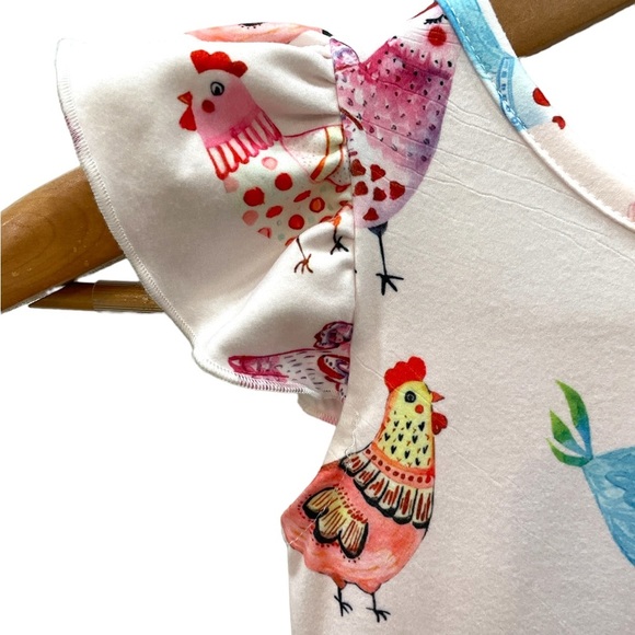 New Girls Chicken Ruffle Sleeve Light Pink Round Neck Kids Farm Twirly Dress - Picture 4 of 5